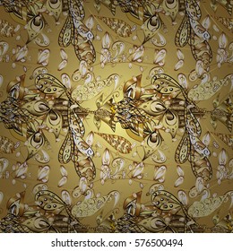 Vintage pattern on golden background with golden elements. Radial gradient shape.