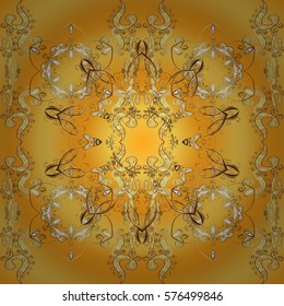 Vintage pattern on golden round background with golden elements. Radial gradient shape.