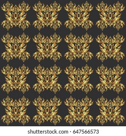 Vintage pattern on gray background. Seamless pattern with golden elements for design in retro style. Universal vector pattern for wallpapers, textile, fabric, wrapping paper, packaging box etc.