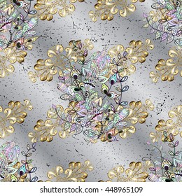 Vintage pattern on gray gradient background with golden elements.