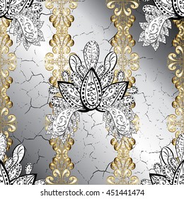 Vintage pattern on gray gradient background with golden elements.