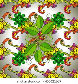 Vintage pattern on gray and white round gradient background with colorful floral elements.