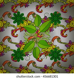 Vintage pattern on gray and white round gradient background with colorful floral elements.