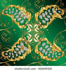 vintage pattern on green background with golden elements.