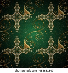 vintage pattern on green background with golden elements.