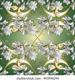 Vintage pattern on green background with golden elements.
