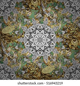vintage pattern on green background with white and golden elements.