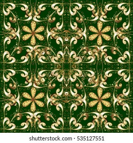 Vintage pattern on green background with golden elements.