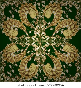 Vintage pattern on green background with golden elements. Round shadow.