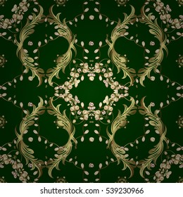 Vintage pattern on green background with golden elements. Round shadow.