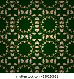 Vintage pattern on green background with golden elements. Round shadow.