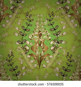 Vintage pattern on green background with golden elements. Radial gradient shape.