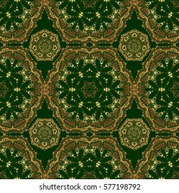 Vintage pattern on green background. Seamless pattern with golden elements for design in retro style. Universal vector pattern for wallpapers, textile, fabric, wrapping paper, packaging box etc.
