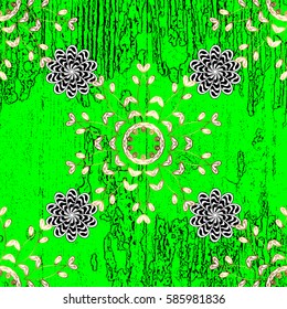 Vintage pattern on a green background with golden elements. Vector illustration.