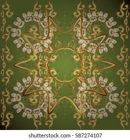 Vintage pattern on green background with golden elements. Christmas, snowflake, new year.