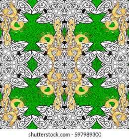 Vintage pattern on green background with golden elements. Christmas, snowflake, new year.