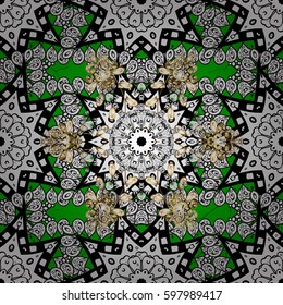 Vintage pattern on green background with golden elements. Christmas, snowflake, new year. Golden pattern on green background with golden elements.