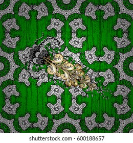 Vintage pattern on green background with golden elements. Christmas, snowflake, new year.