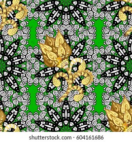 Vintage pattern on green background with golden elements. Christmas, snowflake, new year.