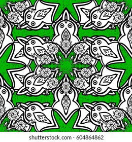 Vintage pattern on a green background with white elements. Vector illustration.