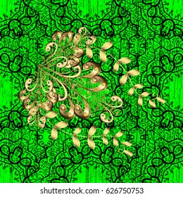 Vintage pattern on a green background with golden elements. Vector illustration.