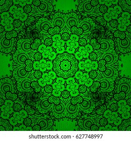 Vintage pattern on green background with dark elements. Christmas, snowflake, new year.