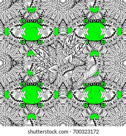 Vintage pattern on green background with white elements. Christmas, snowflake, new year. Vector illustration.