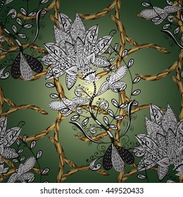 Vintage pattern on green gradient background with golden and white elements.