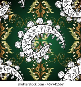 Vintage pattern on green gradient background with golden and white elements.