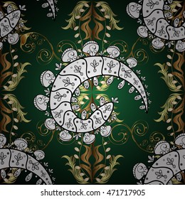 Vintage pattern on green gradient background with golden and white elements.