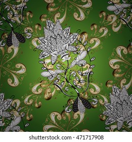 Vintage pattern on green gradient background with golden and white elements.