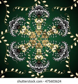 Vintage pattern on green gradient background with golden and white elements. Vector.