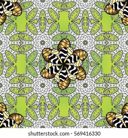 Vintage pattern on green round background with golden and white elements.