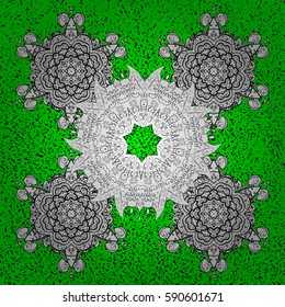 Vintage pattern on a green and white background with white elements. Vector illustration.