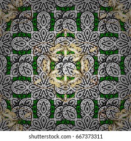 Vintage pattern on green and white background with white elements. Christmas, snowflake, new year.