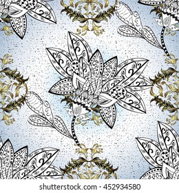 Vintage pattern on light blue round gradient background with golden and white elements.
