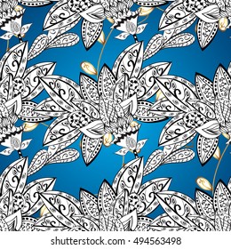Vintage pattern on light blue background with white and golden elements.