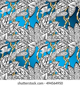 Vintage pattern on light blue background with white and golden elements.
