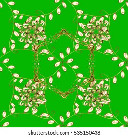 Vintage pattern on light green background with golden elements.