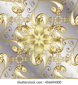 Vintage pattern on light grey gradient background with golden elements.