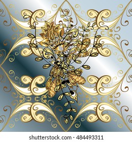 Vintage pattern on light grey gradient background with golden elements.