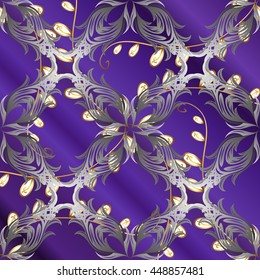 Vintage pattern on lilac and blue stripe gradient background with golden and silver elements.