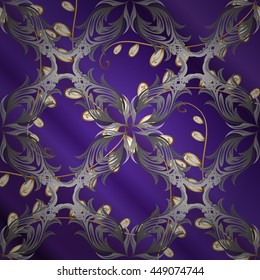 Vintage pattern on lilac and blue stripe gradient background with golden and silver elements.