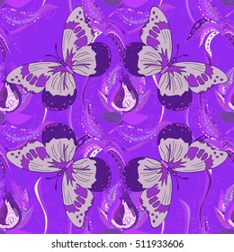 Vintage pattern on mandala background with flower and butterflies. Pink, white, lilac mandalas background.