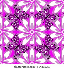 Vintage pattern on mandala background with white petal flower and butterfly. White, lilac mandalas background.