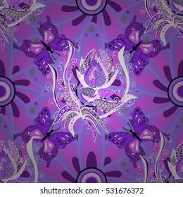 Vintage pattern on mandala background with flower and butterflies. Pink, white, lilac mandalas background.