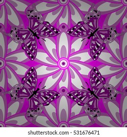 Vintage pattern on mandala background with white petal flower and butterfly. White, lilac mandalas background.