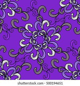 Vintage pattern on mandala round background with white flower. Violet, lilac mandalas background. Butterfly.