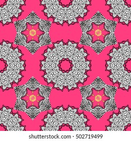 Vintage pattern on mandala round background with white flower. White, pink mandalas background.