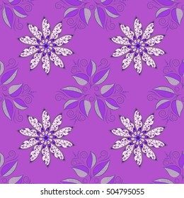 Vintage pattern on mandala round background with white flower. White, lilac mandalas background.